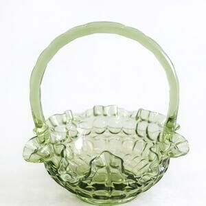 Vintage Fenton Thumbprint Ruffled Edge Art Glass Basket  Green